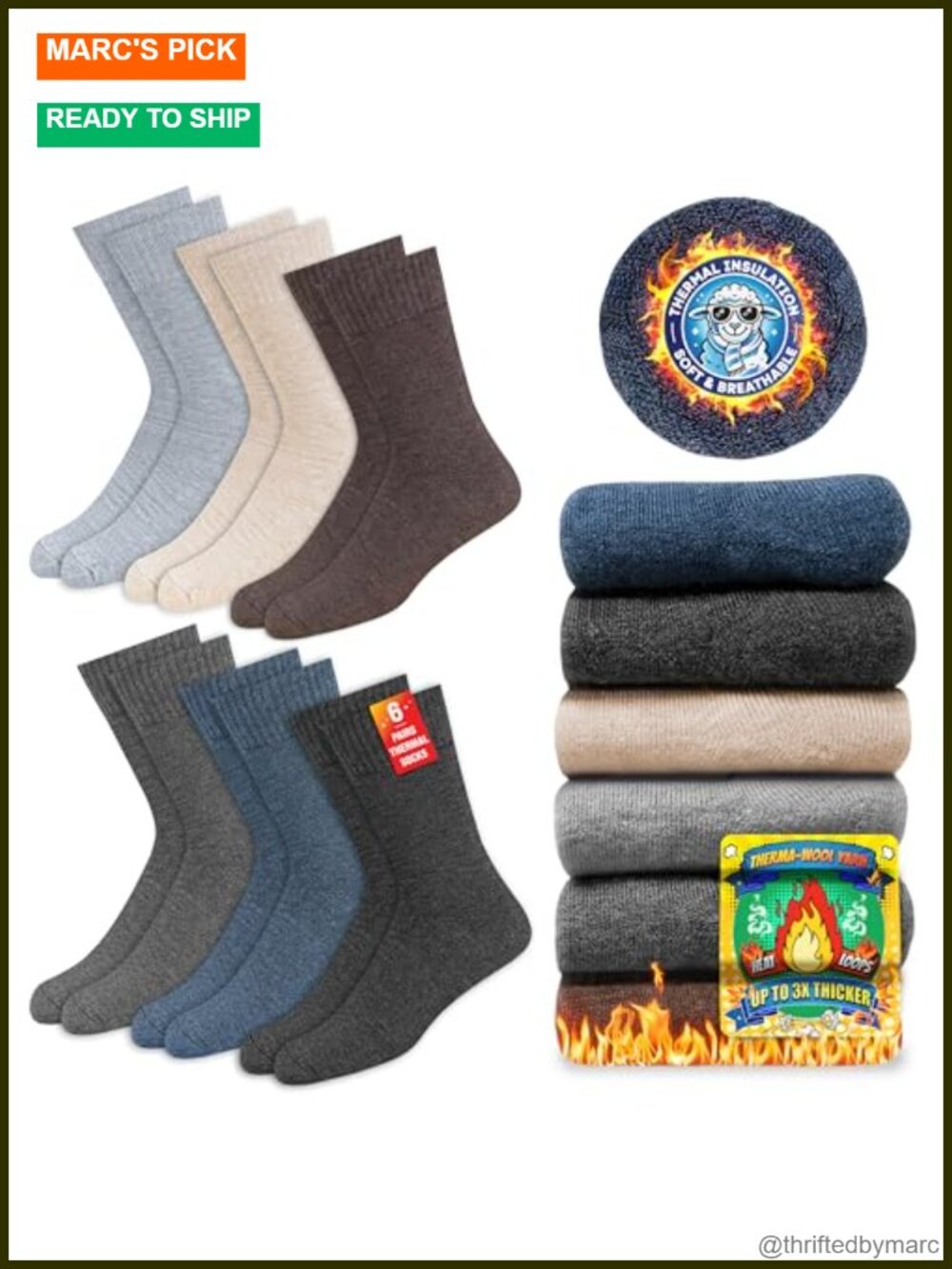 Thermal Winter Socks Pack of 6 Heat Loop Insulation Crew Length